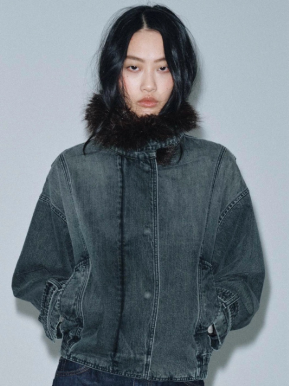 Zara Washed Denim Bomber Jacket with Faux Fur Collar